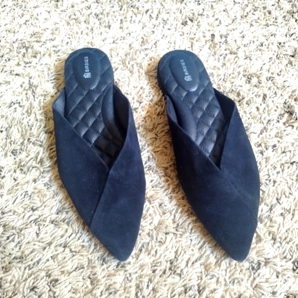 Birdies The Swan  Black Leather/Suede Pointy Toes Slip-On Mules sz 8 - Picture 1 of 6